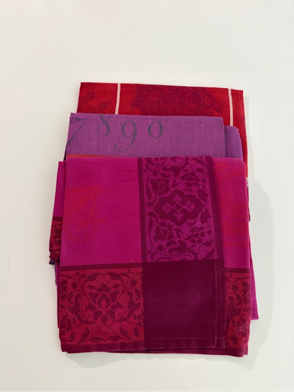 Primrose Bordier Set of Three Decorative Kitchen Towels in Red and Magenta